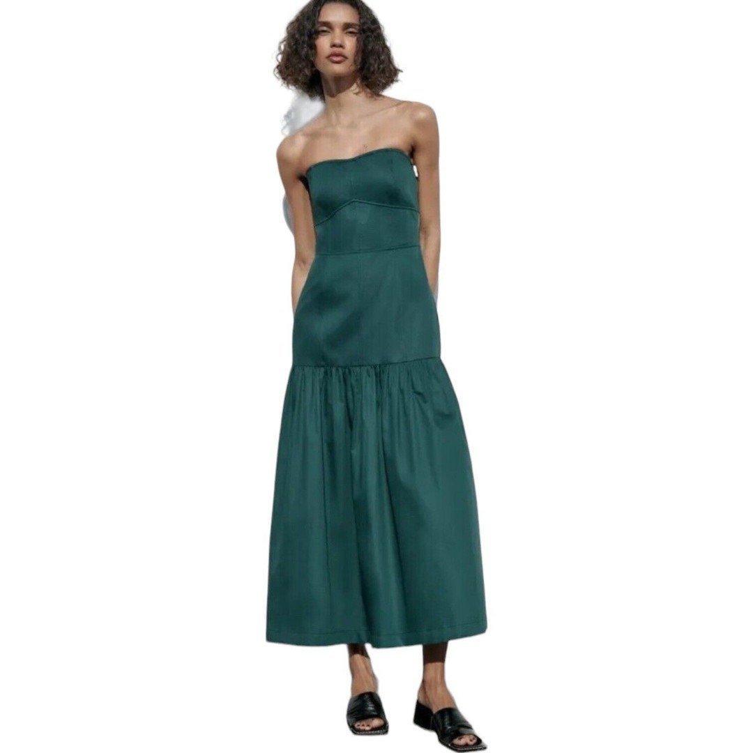 Zara Womens Green Strapless Top Topstitching Drop Waist Midi Dress Medium NWT