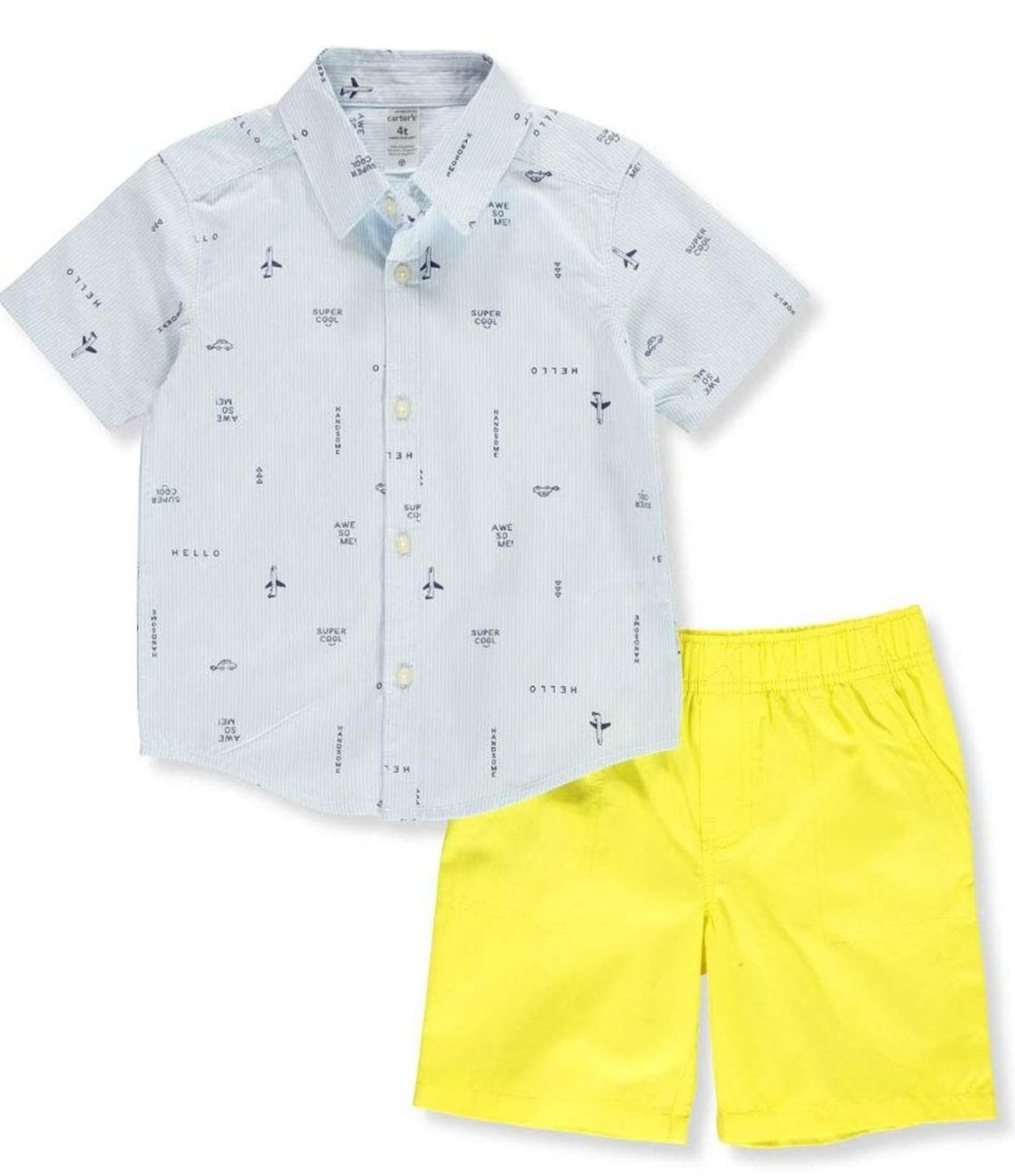 NWT Carters Toddler Boy Airplane Button Down Shirt Yellow Shorts Set