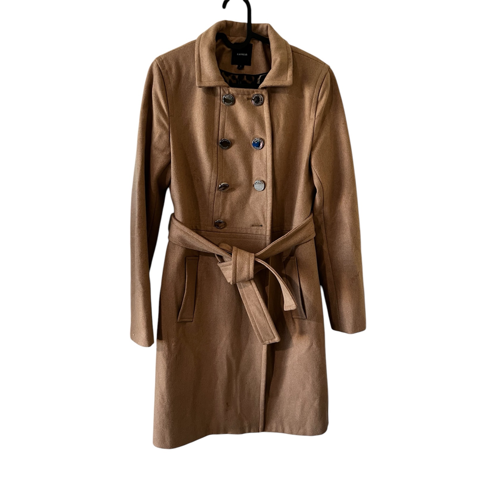 Express Long Tan Camel Wool Trench Coat Double-Breasted Jacket with Belt EUC S
