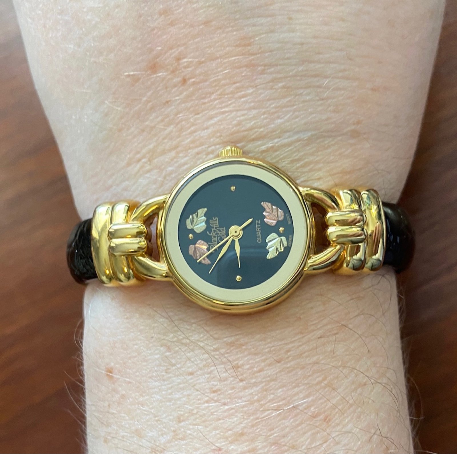 12k Black Hills Gold Wristwatch Black Leather Clamper Band