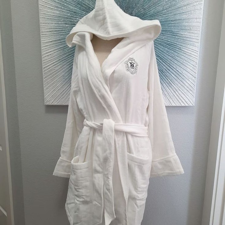 NEW (XL-XXL) VS Terry Hooded Short Robe + Hair Wrap Towel in White
