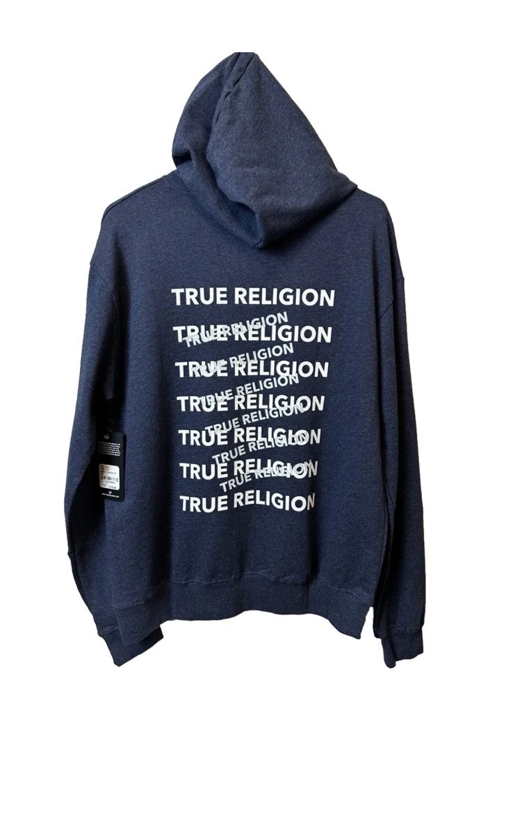 NWT True Religion Navy Blue Pullover Hoodie. Print On Back Horseshoe Logo Front