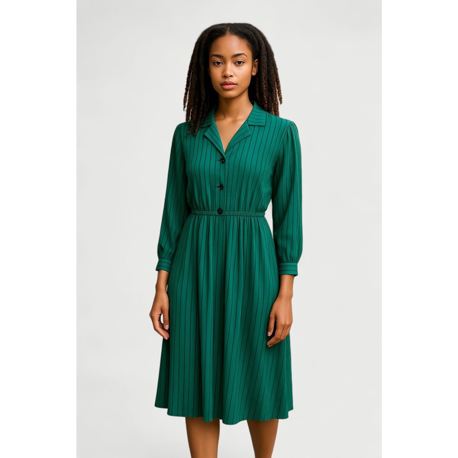 Vintage 80s Green Black Pin Stripe Collared Long Sleeve Midi Career Dress 12