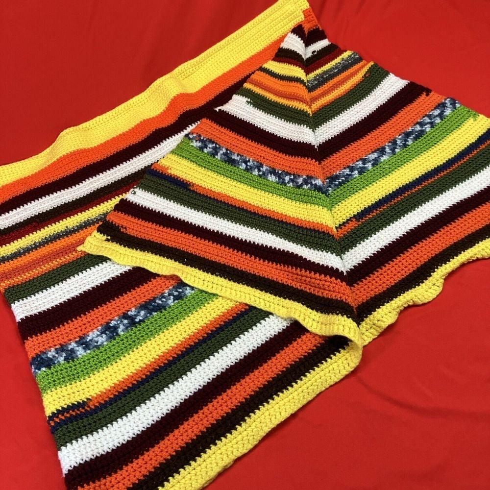 Vintage Granny Afghan Crochet Table Runner /Sofa Throw Handmade Multicolor 65x25