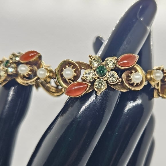 Vintage 1950's Florenza Floral Gold Tone Rhinestone & Pearl Statement Bracelet