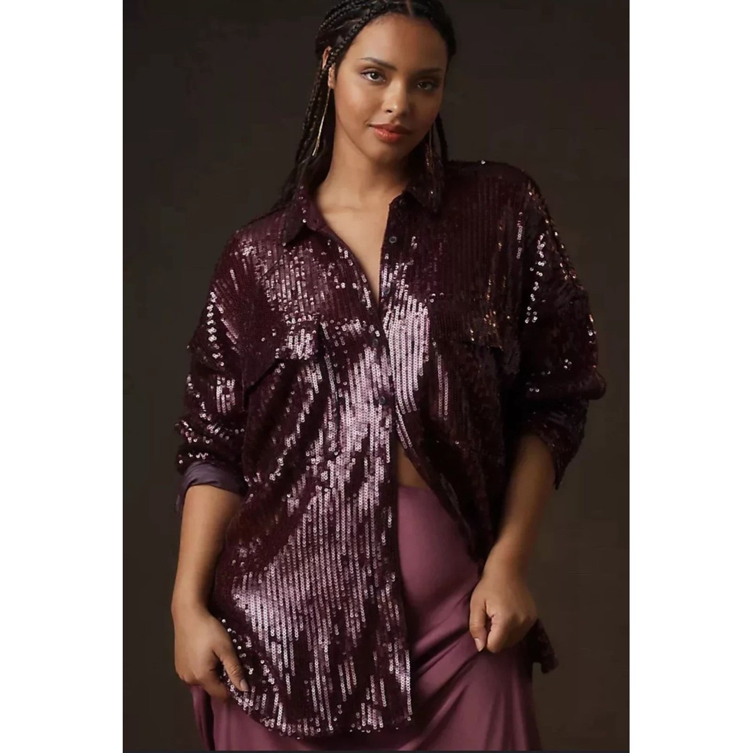 Anthropologie Pilcro Top Womens Size M Burgandy Sequin Button Up Oversize Tunic
