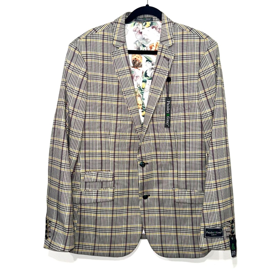 Paisley & Gray Slim Fit Dover Plaid Blazer - Yellow/Maroon/Green/Brown 46R