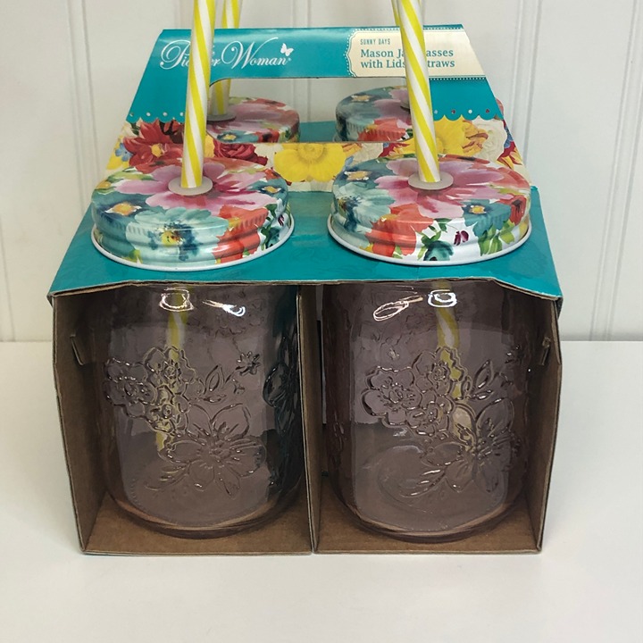 Pioneer Woman Pink Glass Mason Jar with Floral Lid & Yelllow Straw 4pk 16oz ea
