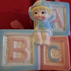 Vtg,mcm, babyboy,with blocks (3) ABC,planter,music box
