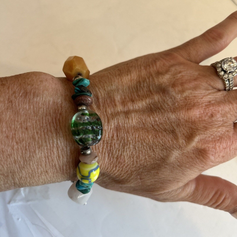Turquoise, Spiny Oyster & Silver Beads Glass Stones Bracelet 7 1/2 Navajo