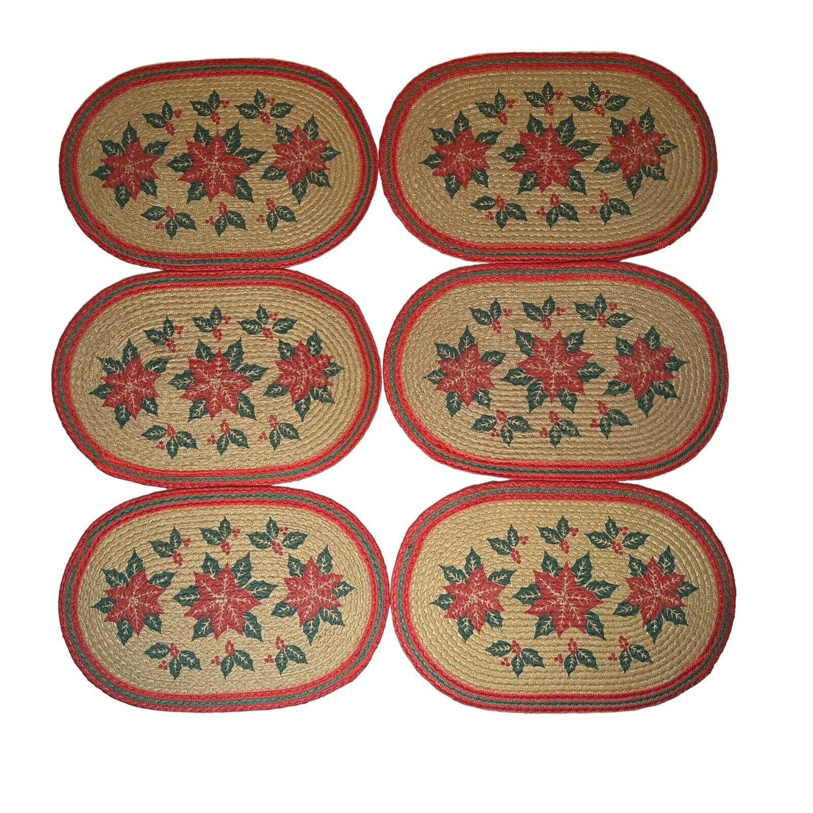 VHC Poinsettia Christmas Placemat Jute Country Oval Braided Primitive Set of 6