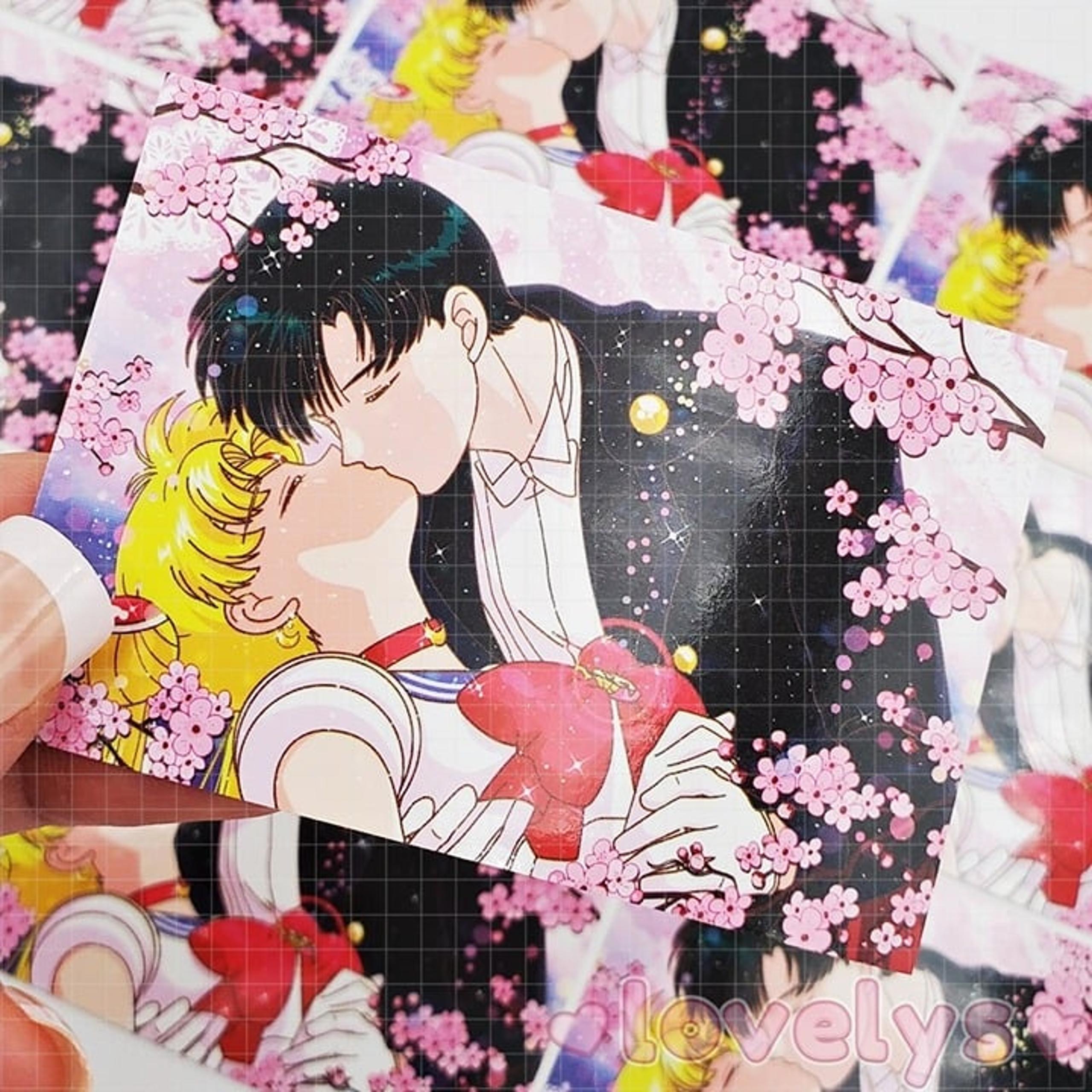 20 pcs Sailor Moon and Tuxedo mask kissing under sakura tree, anime stickers