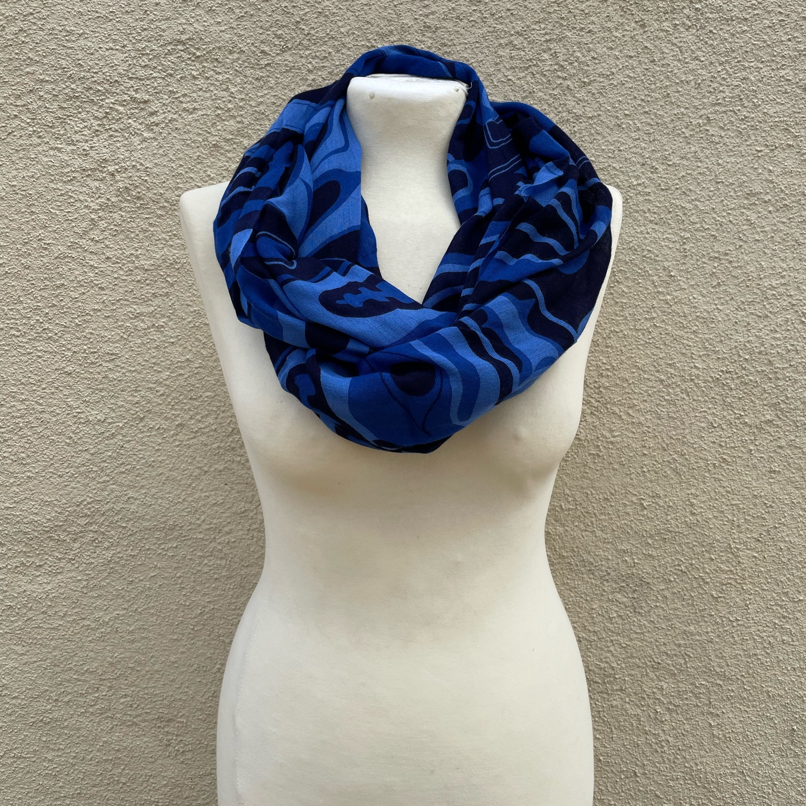 Blue Cowl Loop Infinity Scarf PNW Totem Thunderbird Whale