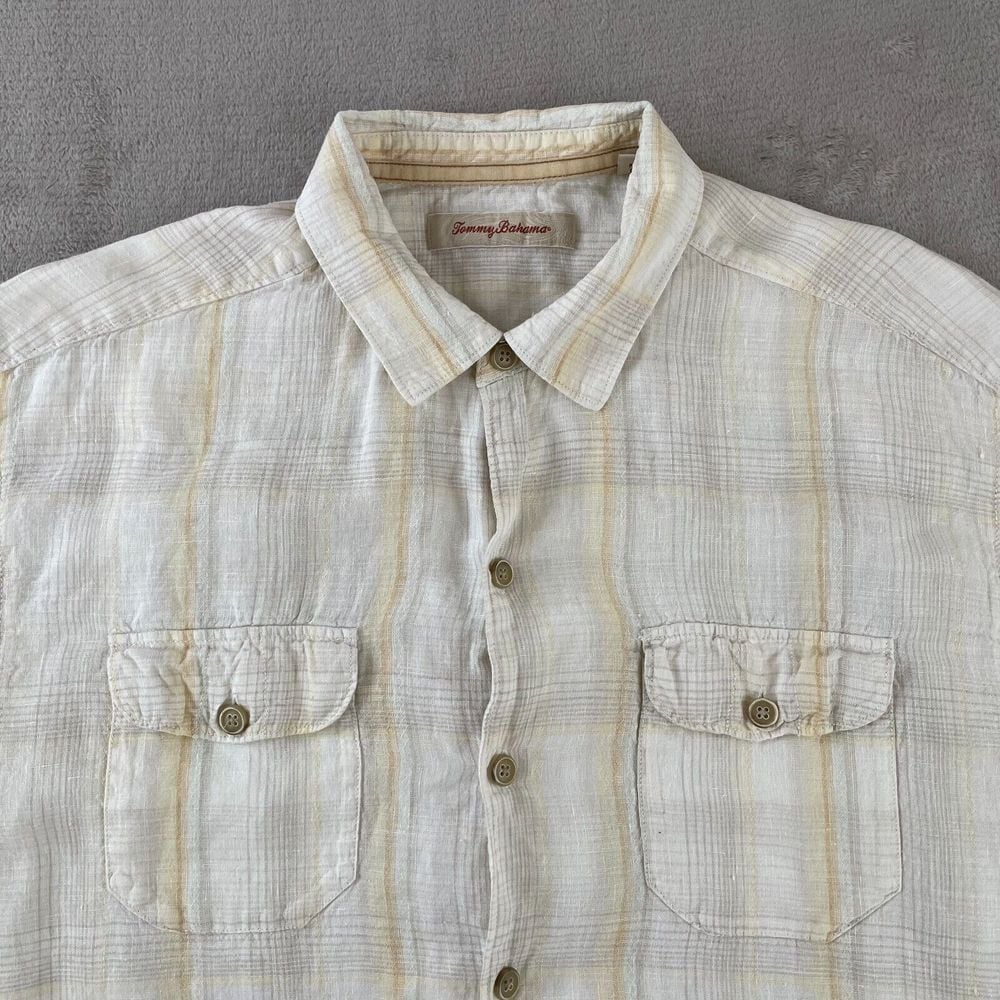Tommy Bahama Shirt Men Large Beige Plaid 100% Linen Short Sleeve Casual Vacation