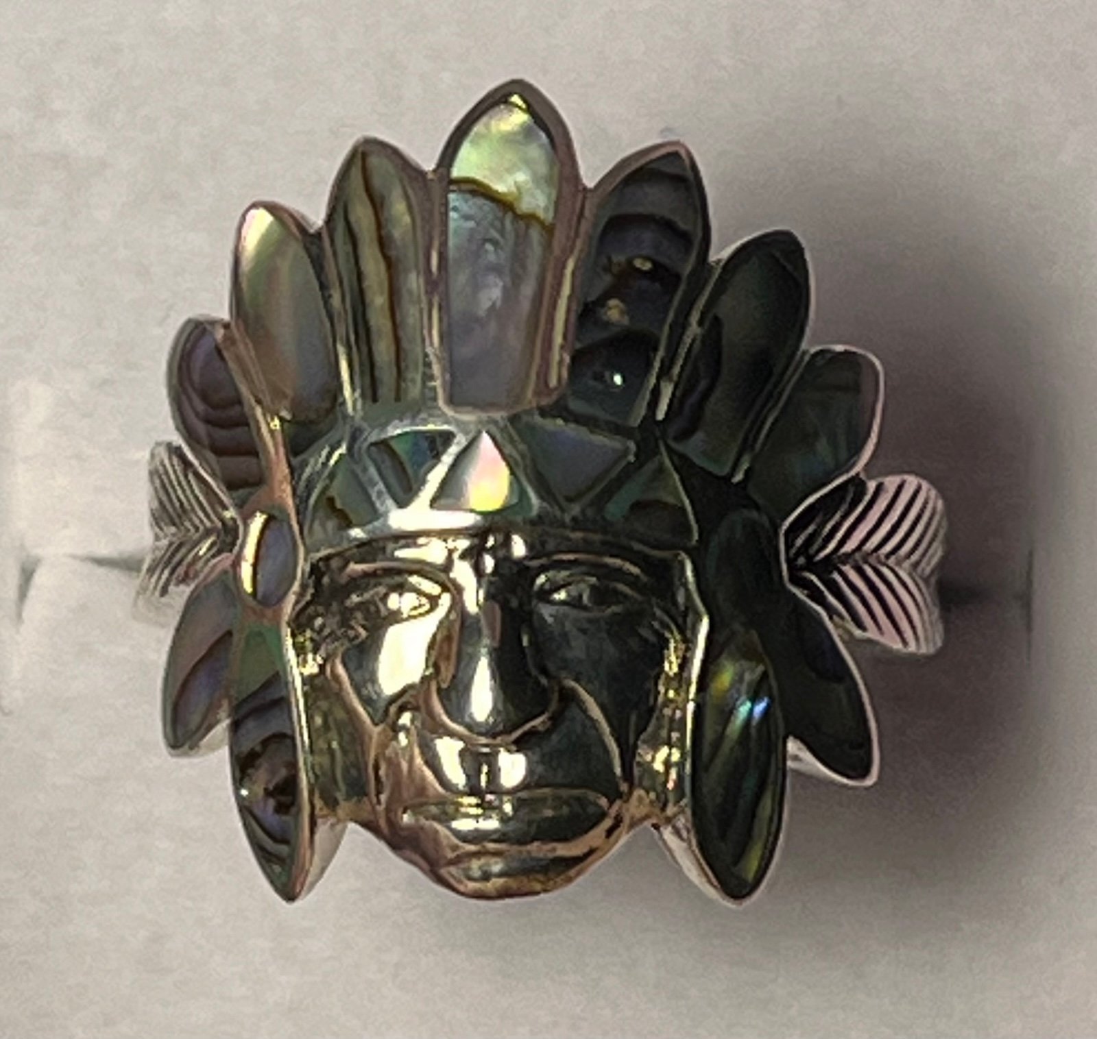 Abalone Inlay Indian Chief Head Sterling Silver Size 11 Ring