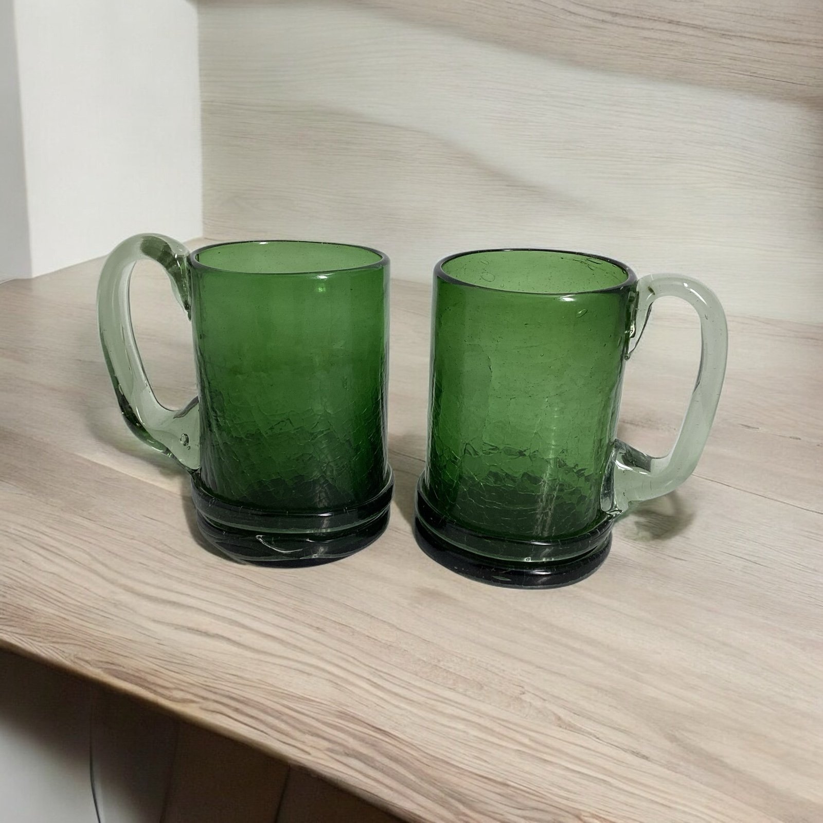 MCM Blenko Pair Handblown Heavy Green Artisan Crackle Glass Mugs Stein 20 oz
