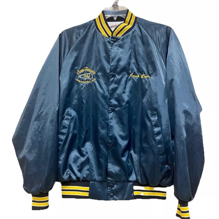 Y2K SATIN VARSITY BOMBER JACKET WESTSTARK TRENDY SZ L BLUE/YELLOW MADE IN USA