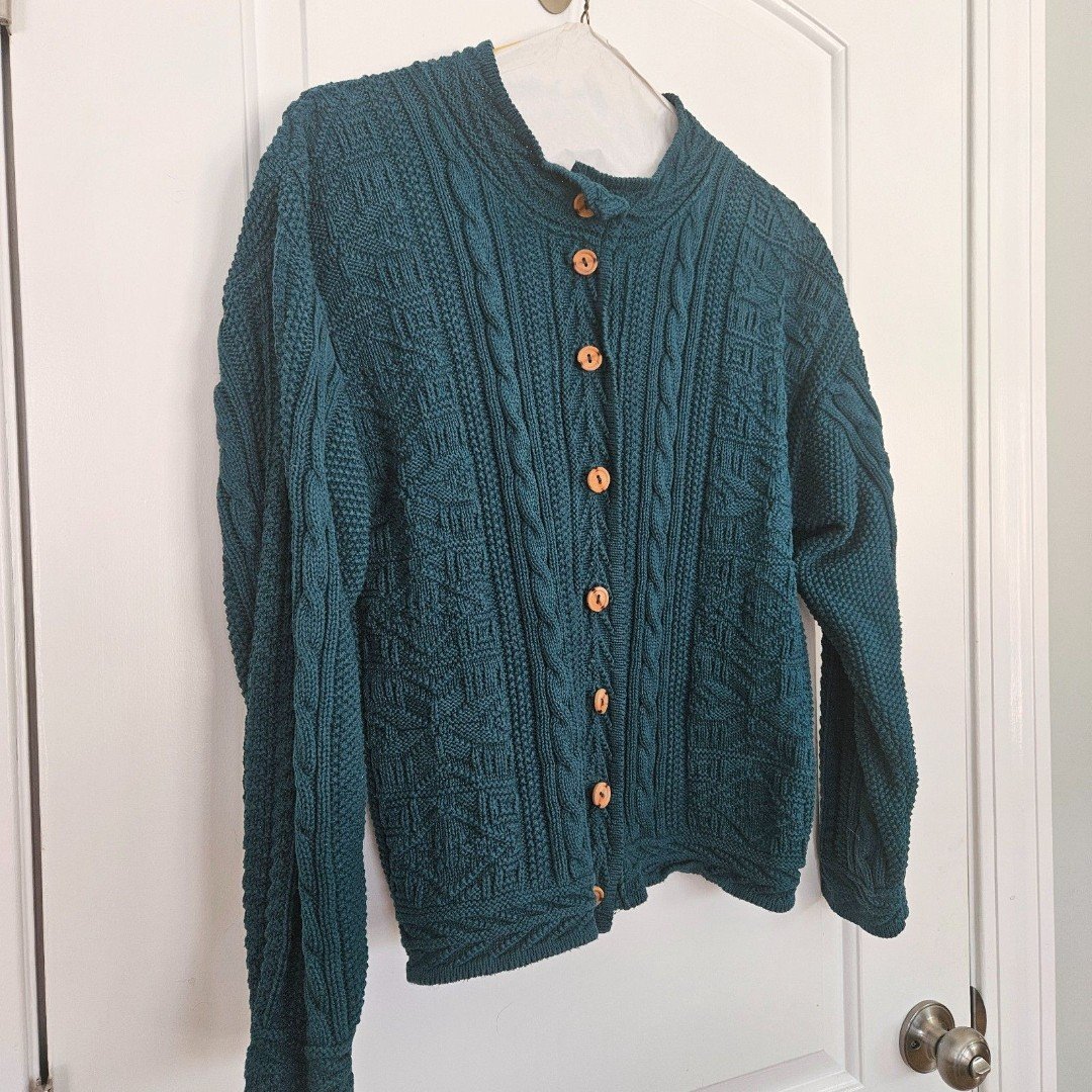 LL Bean Vintage Women's M Teal Blue Cardigan, Decorative Cables, grannycore 80s