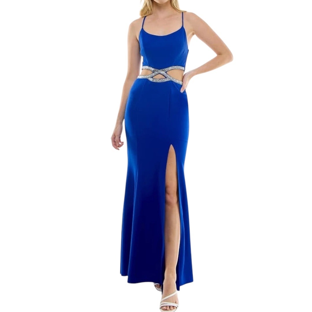 NWT SPEECHLESS Rhinestone Cutout Mermaid Gown in Royal Blue, Size 7
