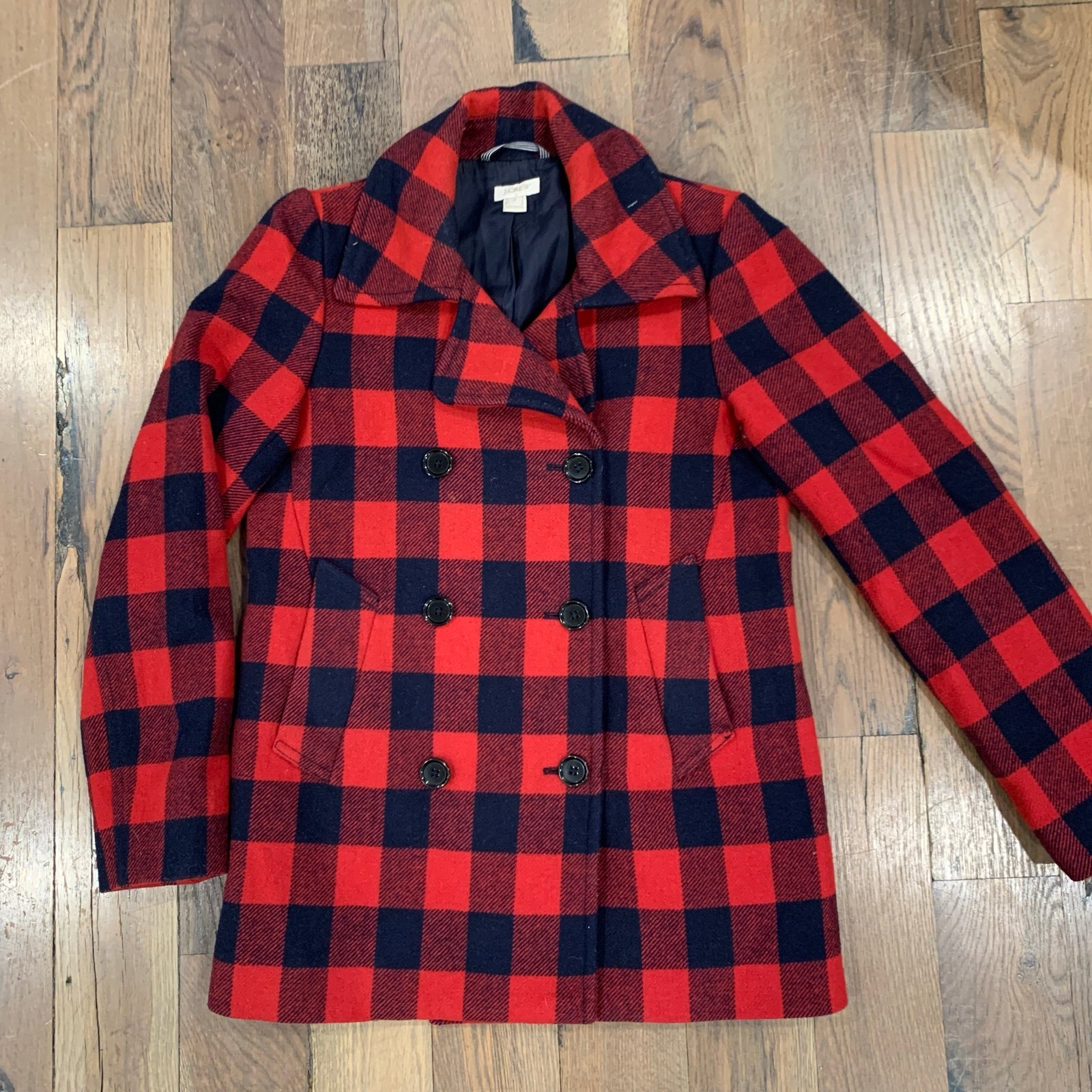 J. Crew Plaid Red Black Wool Pea Coat Size 2