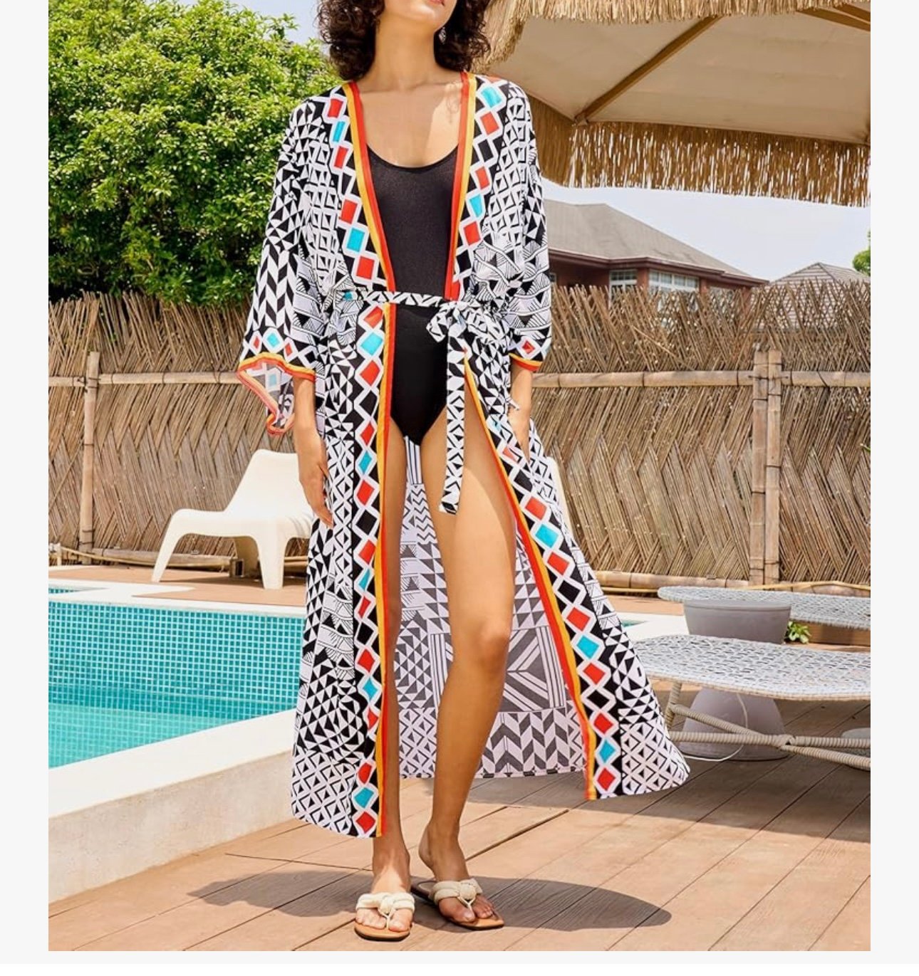 Geometric Print Wide Sleeves Kimono Cardigan Coverup