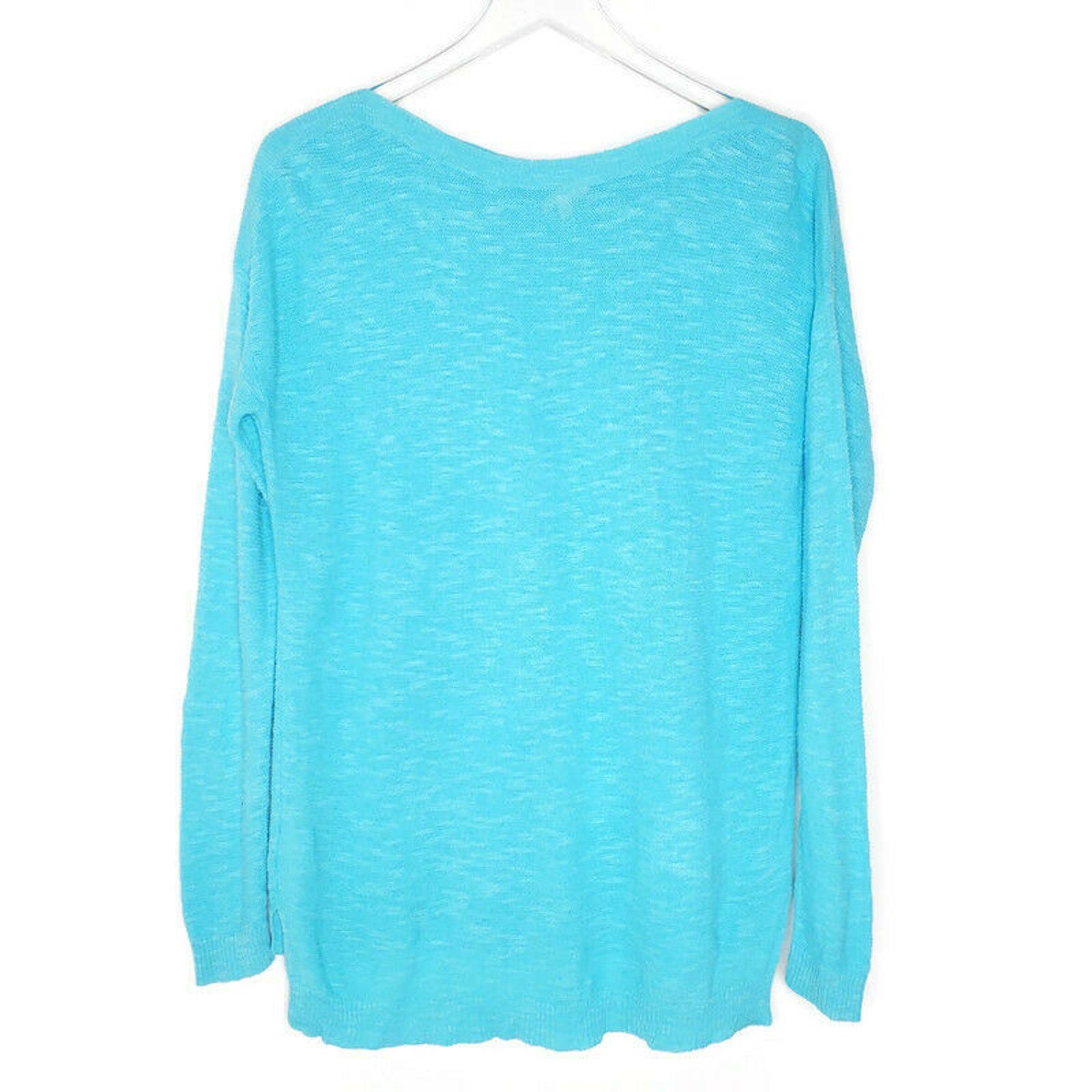 Eileen Fisher Bateau Knit Sweater S Teal Wide Neck Organic Linen Cotton