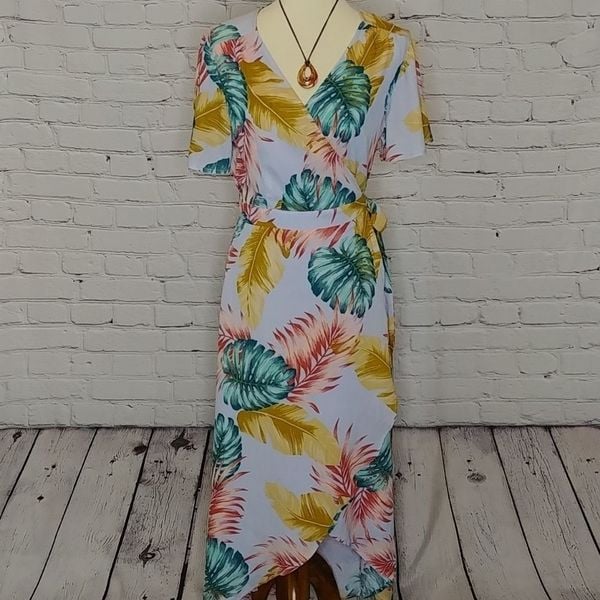 BLUE LEAVE PRINT WRAP DRESS