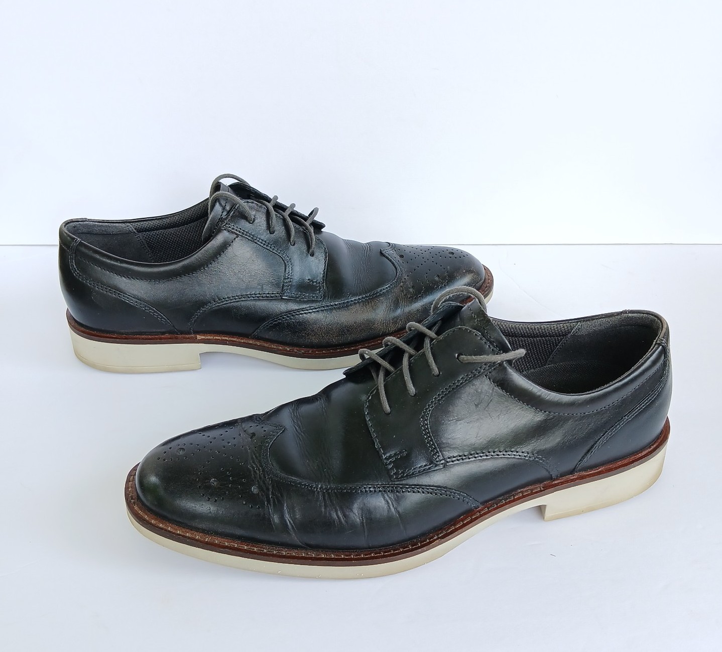 Ecco Black Leather Wingtip Biarritz Brogue Derby Size 10