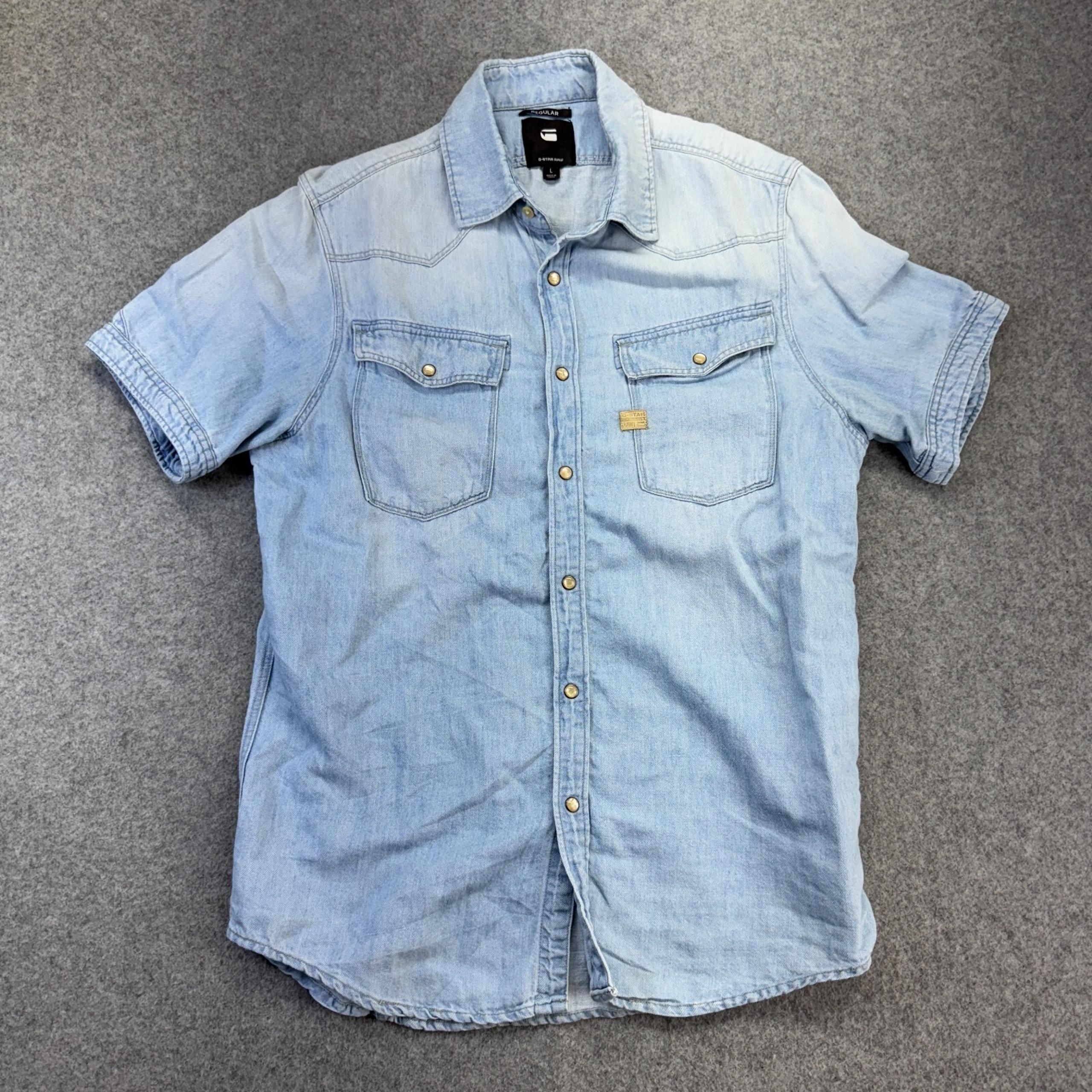 G-Star RAW Denim Western Shirt Mens L Snap Pearl Button Short Sleeve Light Wash