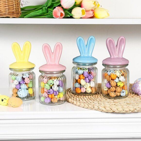 Bunny Ears Glass Jars - 4 Sizes - Easter Rabbit Chocolate Candy Sweets Treats Mini Eggs Storage Spring Decor Gift For Kids Home Mum Nan Her - UK