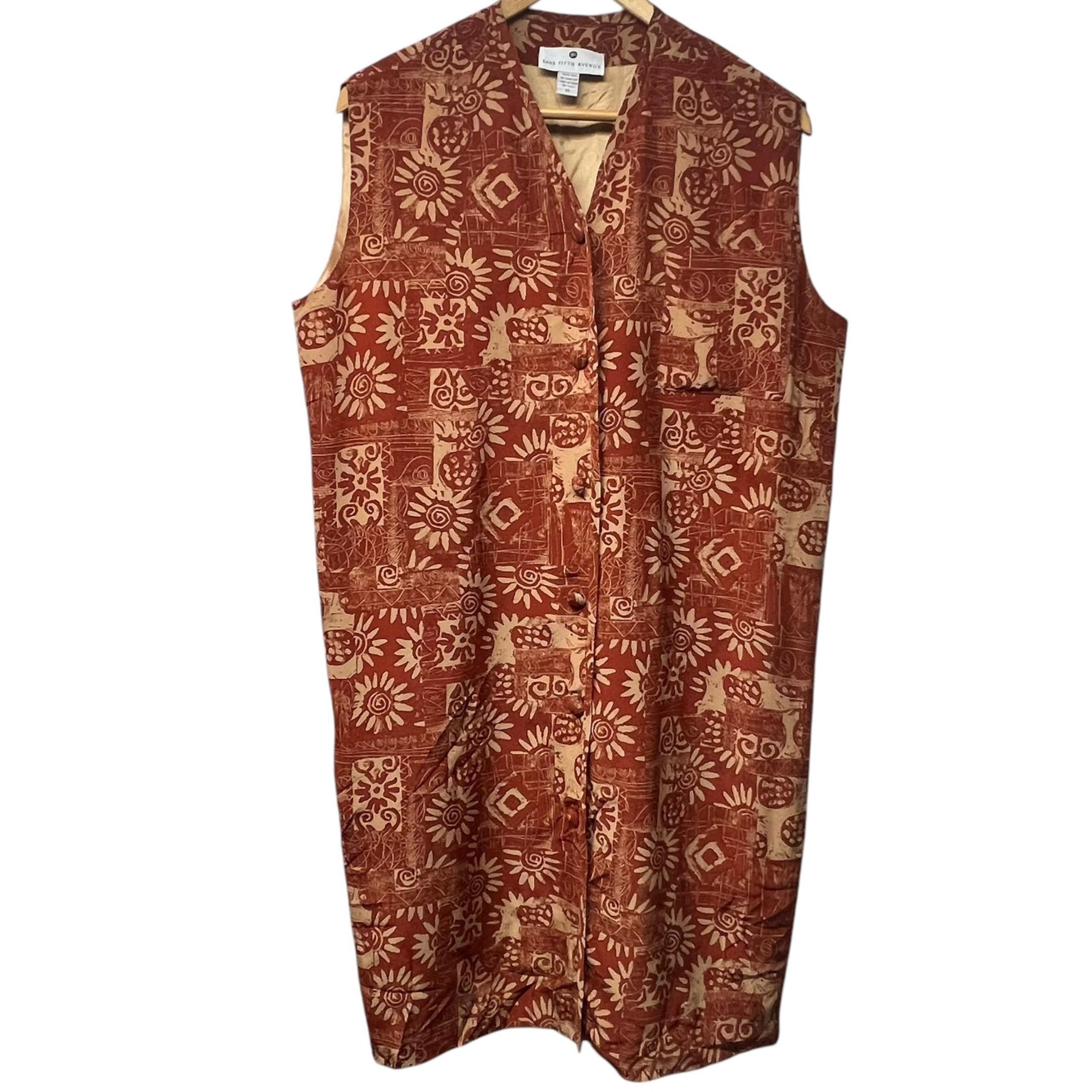 Saks Fifth Ave Sleeveless Rust Batik Print Silk Dress Lined Knee Length Size 14