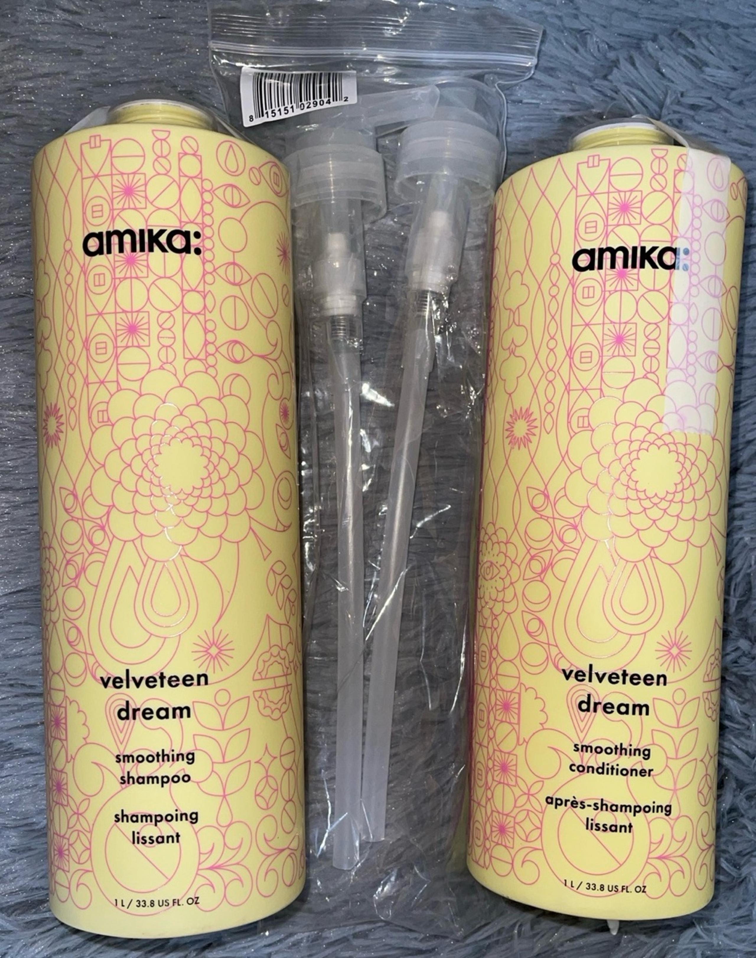 Amika velveteen dream smoothing Shampoo&Conditioner LITER SET w/pumps!SEALED/NEW