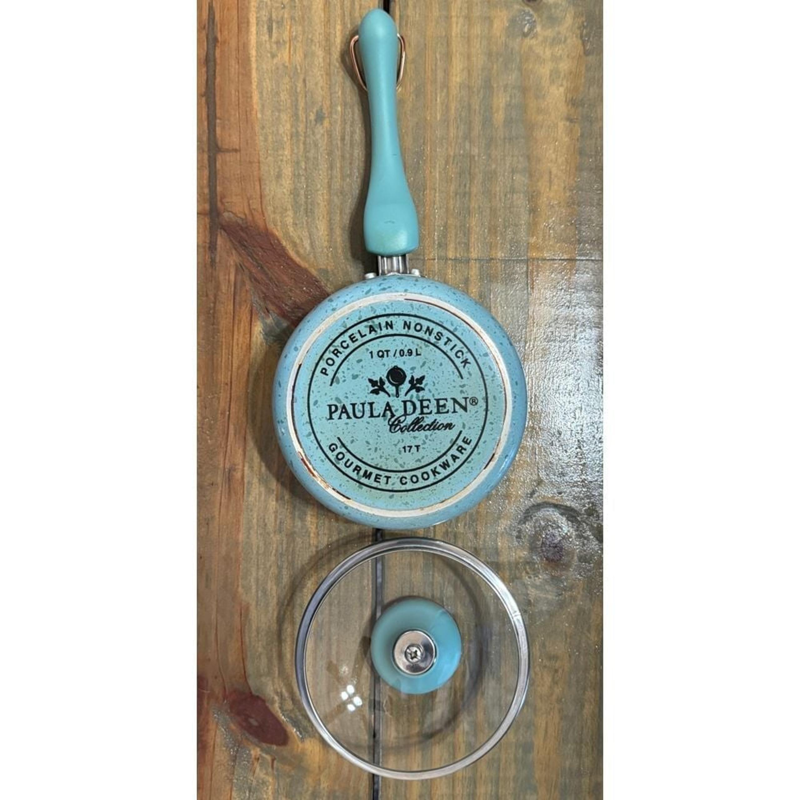 Paula Deen Porcelain Nonstick 1Qt Saucepan with Glass Lid Blue Speckled Cookware