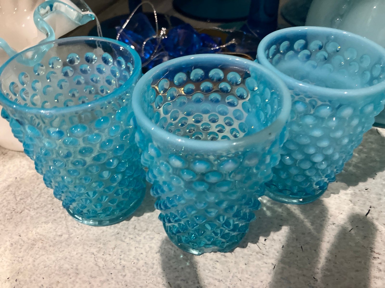 5 gorgeous blue hobnail juice glasses