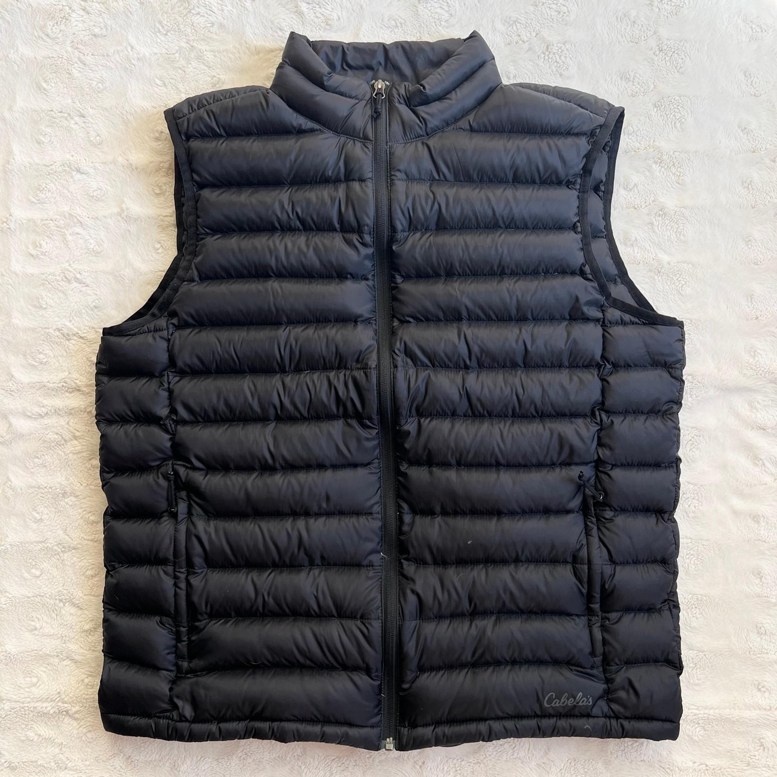 Cabelas Vest Mens Large Black Duck Down Fill Puffer Full Zip Pockets Outdoor