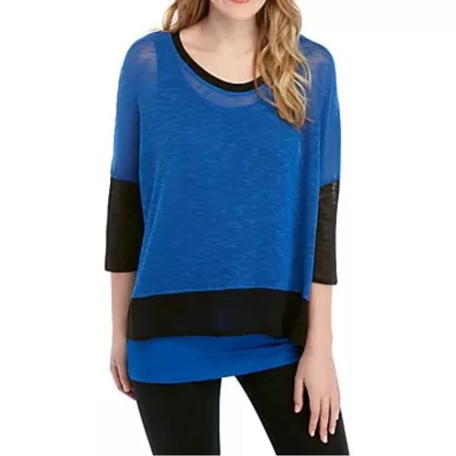 Grace Elements Electric Blue Black Tunic Top Stripe Knit Mesh Shirt LARGE NWT