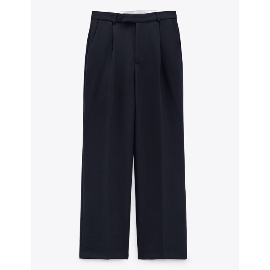 Zara Menswear Style High Waist Trousers Blue Pleated Straight Leg Size M