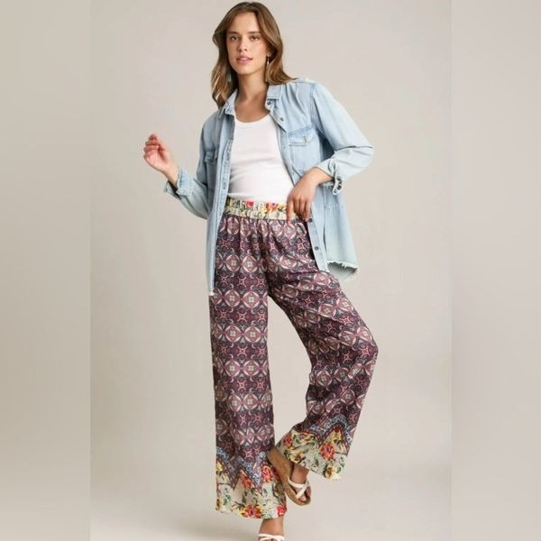 Umgee NWT Full Size Mixed Print Elastic Waistband Pants M