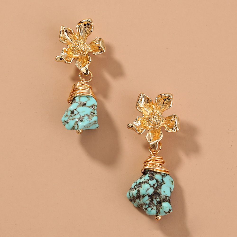 Explosive alloy flower earrings retro turquoise earrings temperament elegant ear