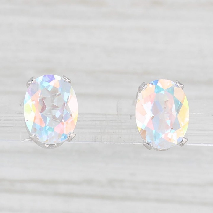 4.60ctw Multi-Color Mystic Topaz Oval Solitaire Stud Earrings 14k White Gold