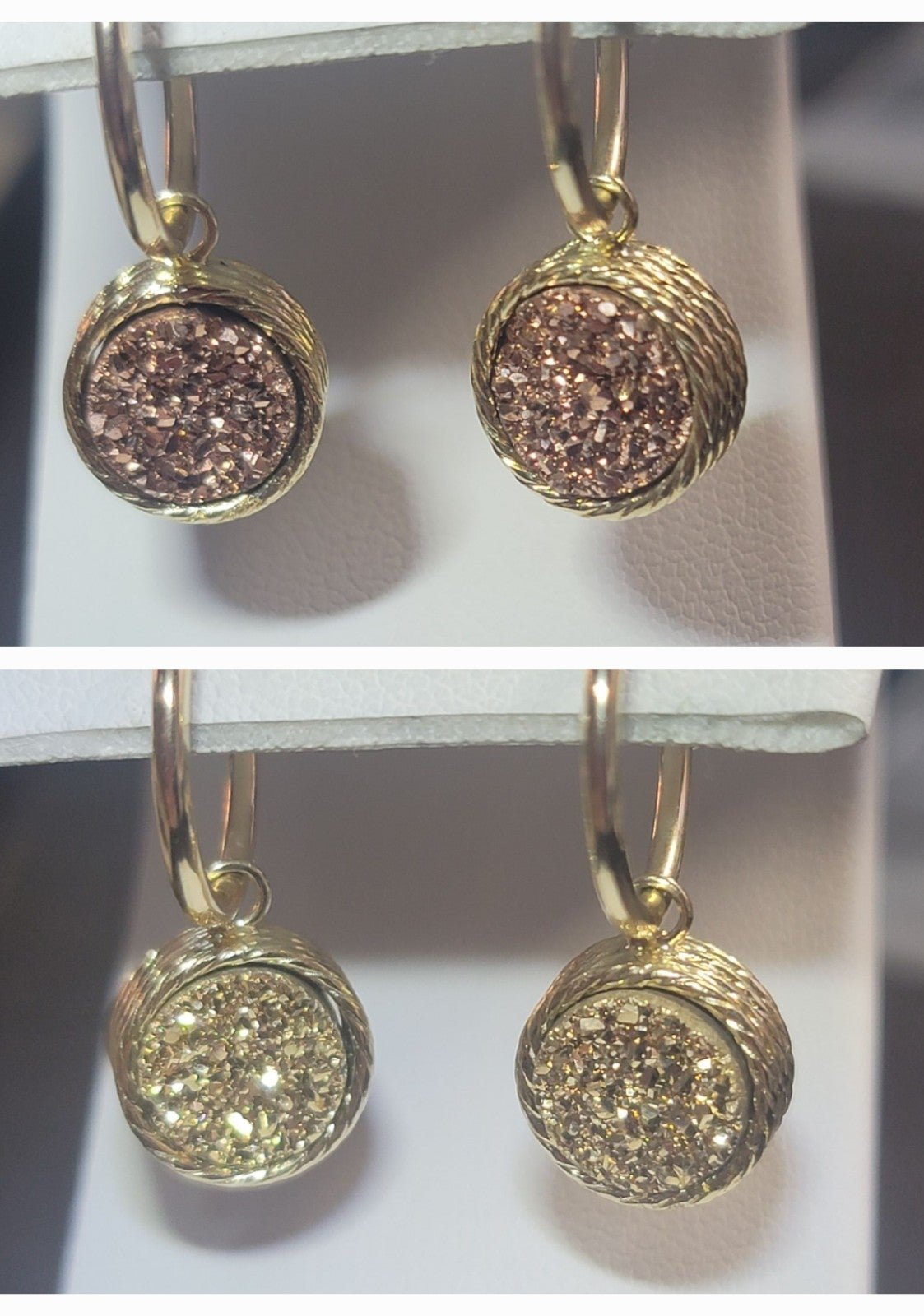 E126 14K Reversable Drusy Quartz Earrings Gold and Pink