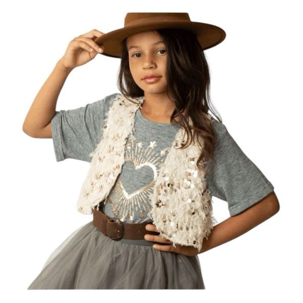 Joyfolie Girls Meike Vest Cream Satin Feather Sequin Open Front Cropped L