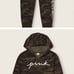 VS PINK Cropped Cinched Campus Hoodie & Jogger Set Camo Sz L
