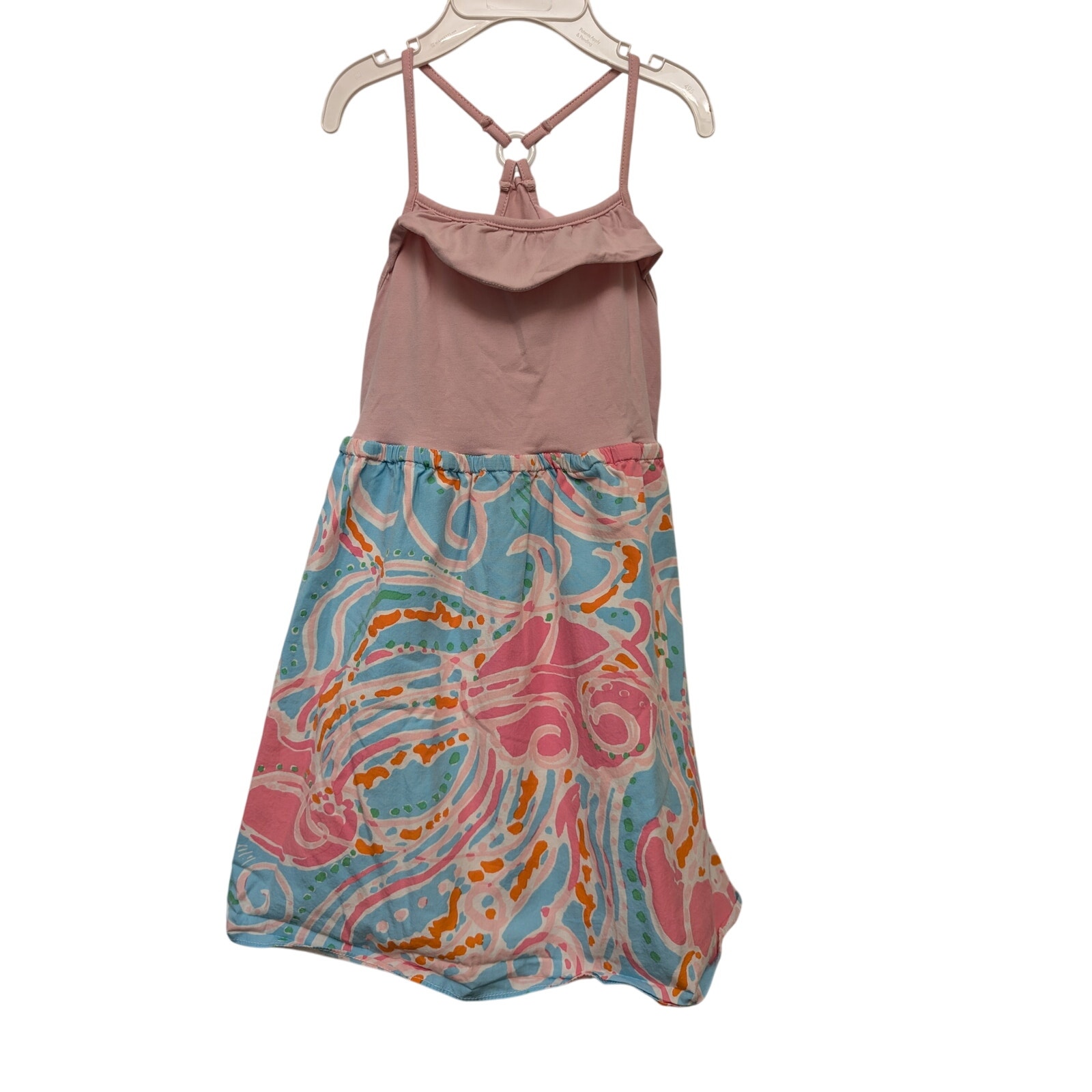 Lilly Pulitzer Dory Dress Kids Pink Blue Racerback Jellyfish Print A-Line Ruffle