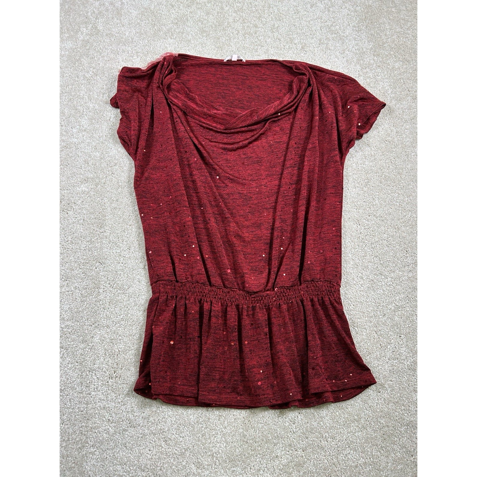 Halo Womens Size M Red Sparkle Cowl Neck Elastic Waist Top Party