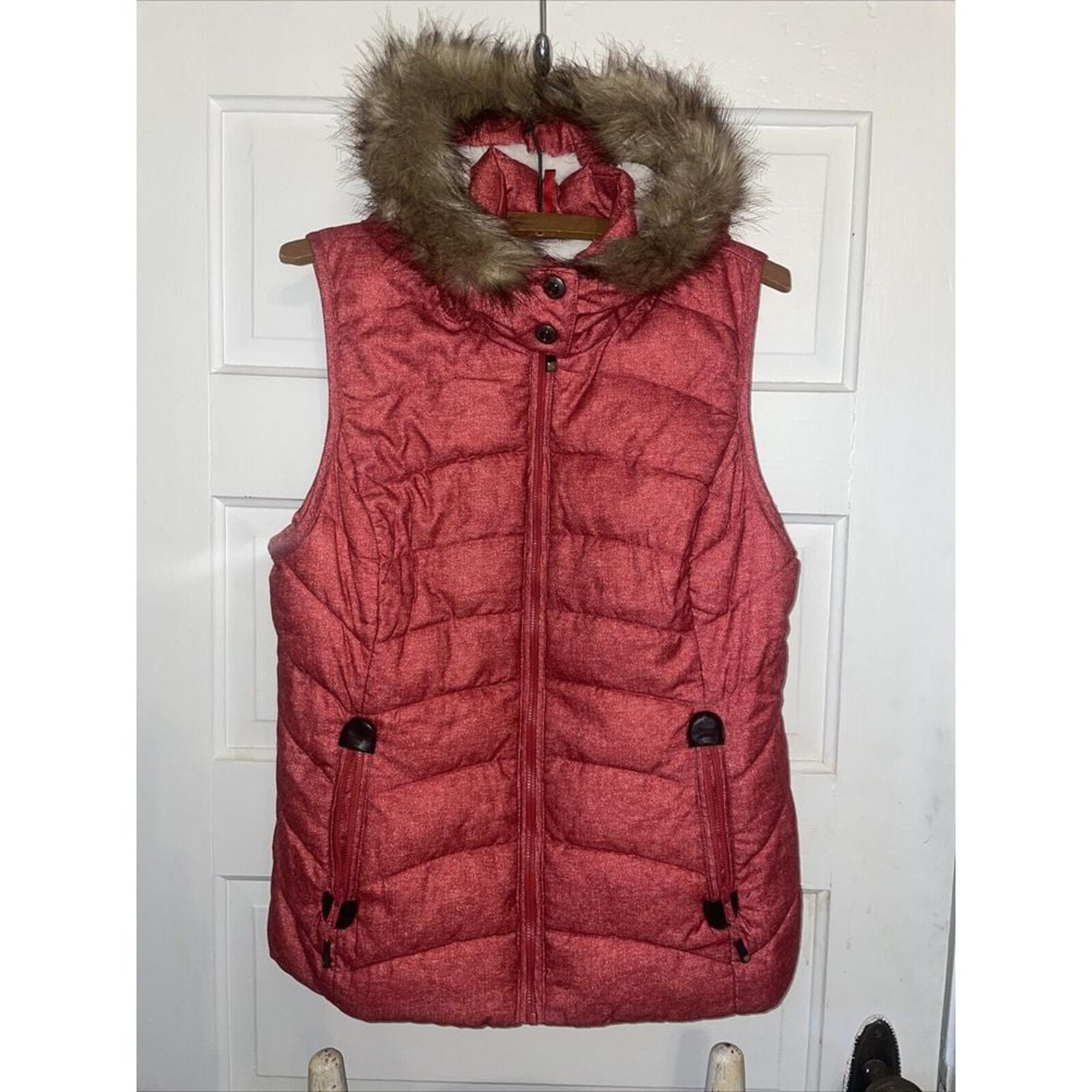 Green Tea Puffer Vest Women's Medium Orange Fleece Lined Hooded Fur