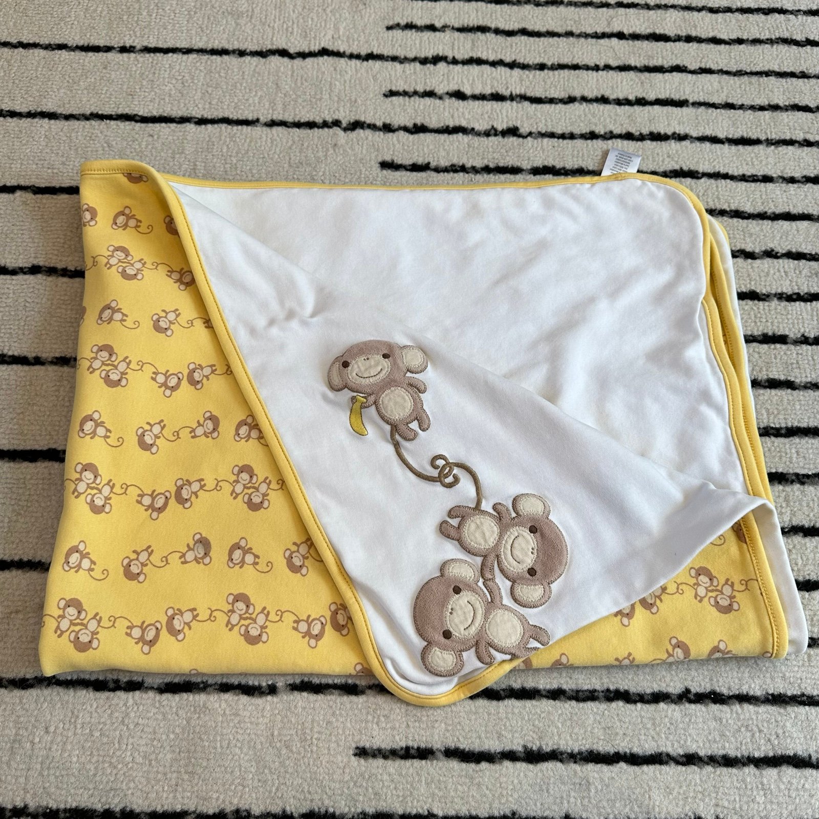 Gymboree Monkey Baby Blanket Double Sided White Yellow Banana