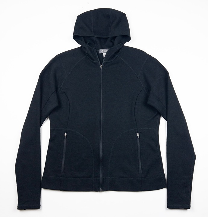 Ibex Merino Wool Hooded Jacket Women's Large Full Zip Solid Black Pockets Knit