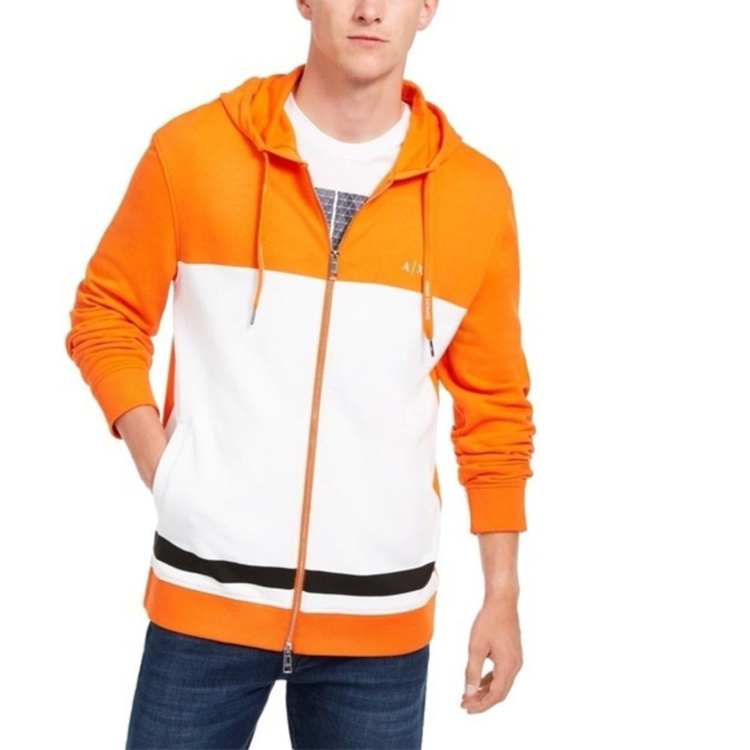 Armani Exchange Men's Colorblock Full Zip Hoodie Orange White Size XL