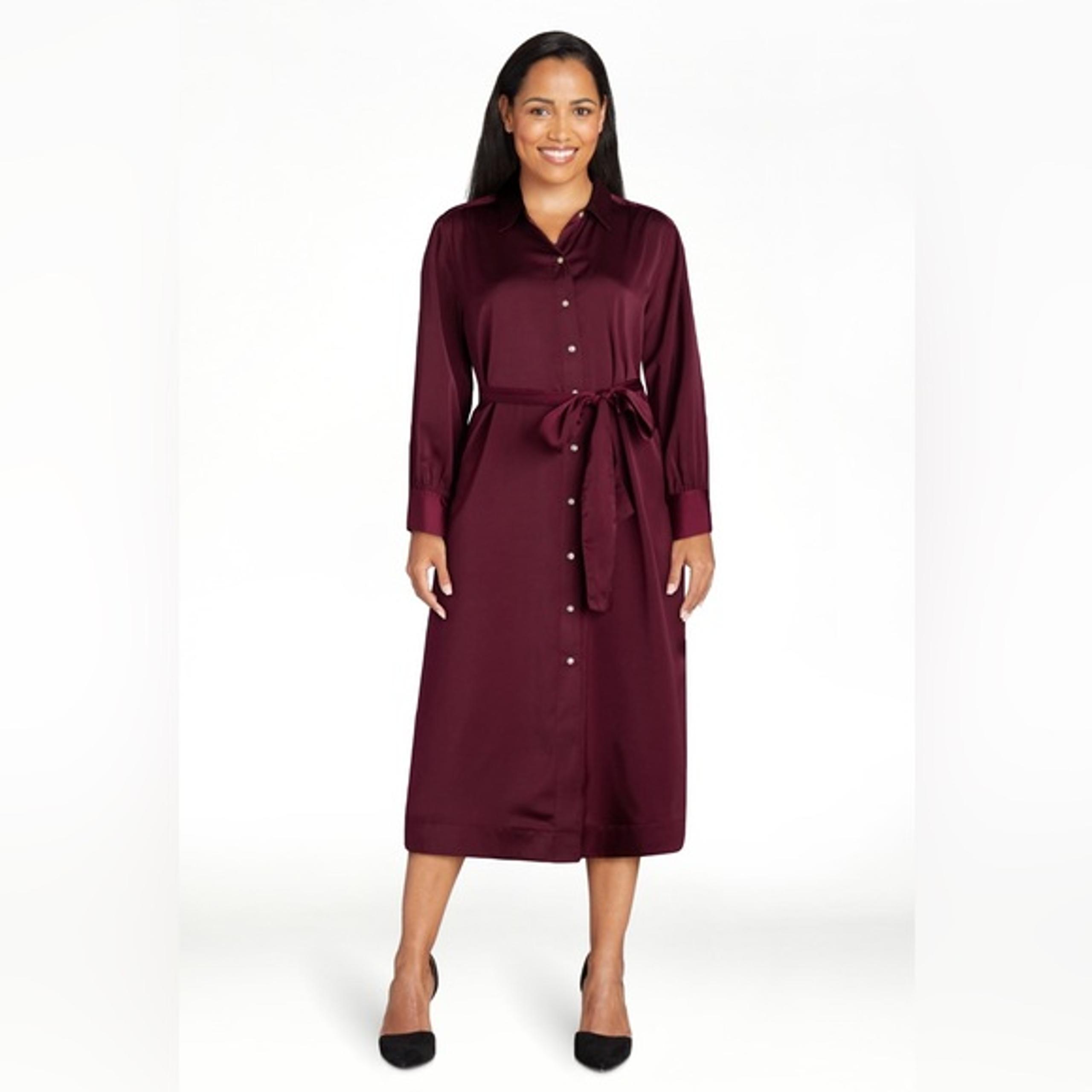 Free Assembly Women’s Belted Long Sleeve Button Front Midi Shirtdress NWT med